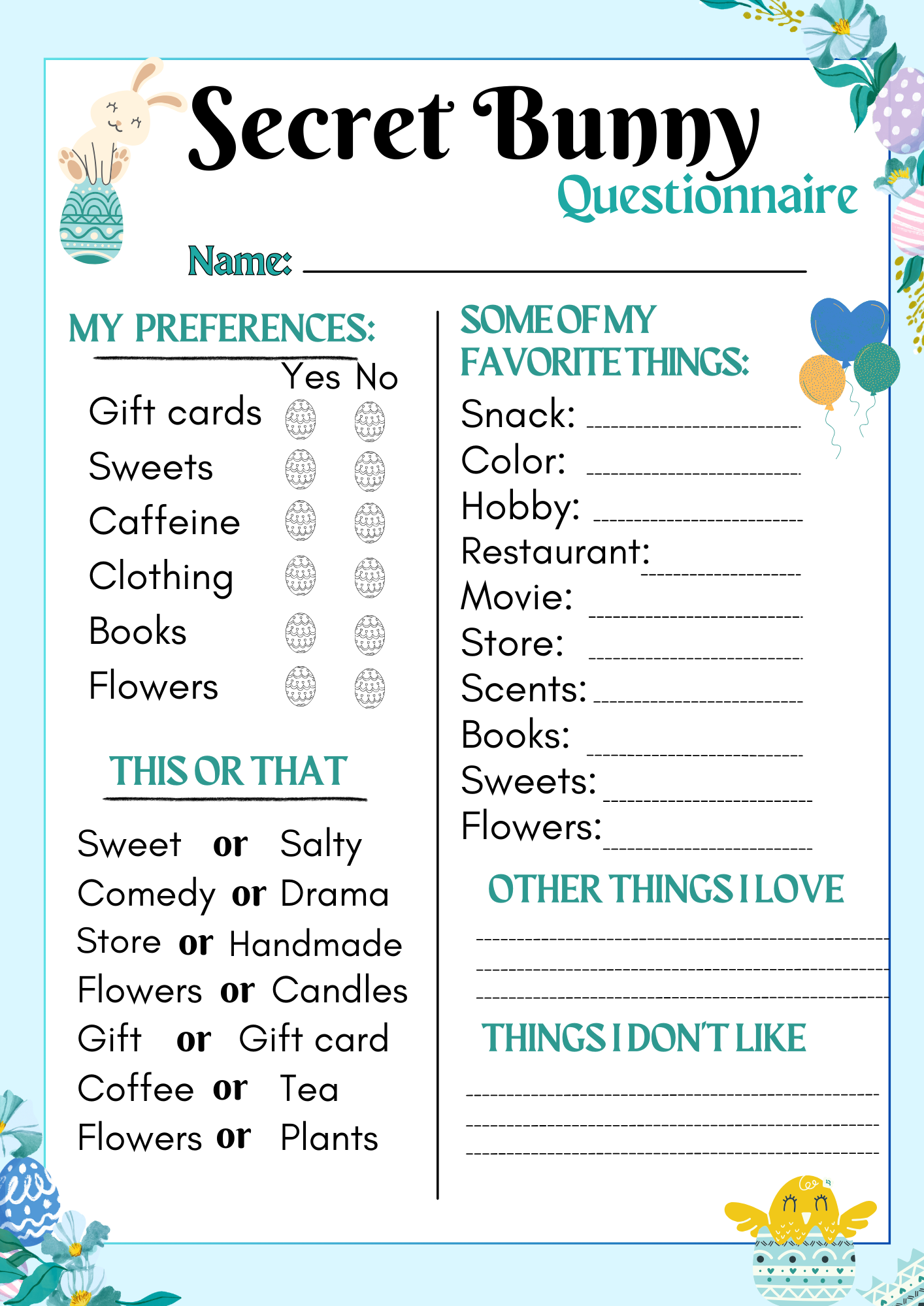 Secret Bunny Survey Questionnaire, Easter Gift Exchange, Easter Activity,  Classroom Easter, adult candy activity, Coworker questionnaire