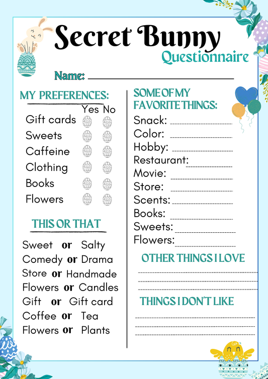 Secret Bunny Survey Questionnaire, Easter Gift Exchange, Easter Activity,  Classroom Easter, adult candy activity, Coworker questionnaire